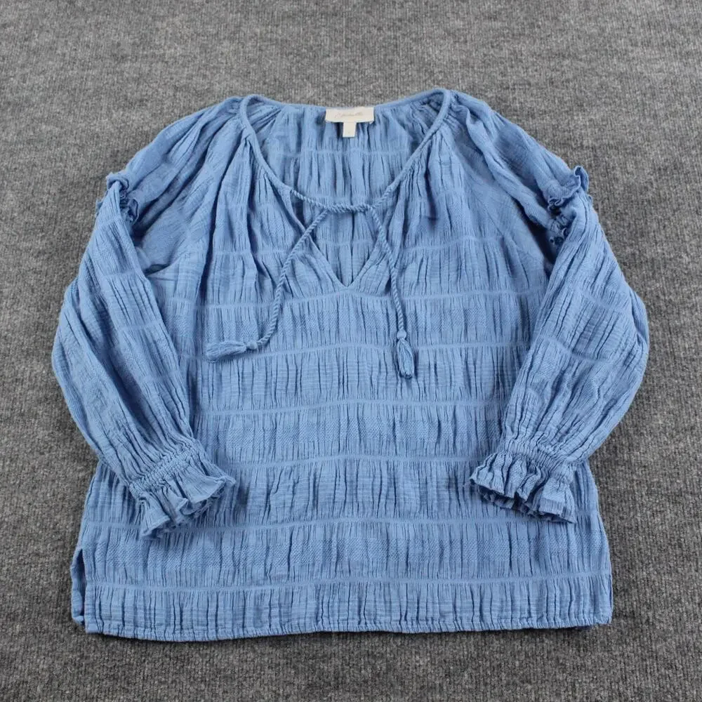 Cleobella Top Womens Small Azariah Blouse Blue Boho Prairie Peasant Gauze Tassel - Picture 4 of 10